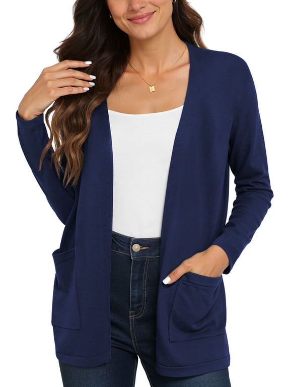 Women's Long Sleeve Open Front Knit Cardigan Sweater with Pockets Navy Blue-M,S-2XL