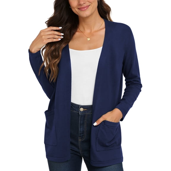 Uvplove Women's Long Sleeve Open Front Knit Cardigan Sweater with Pockets Navy Blue-S,S-2XL