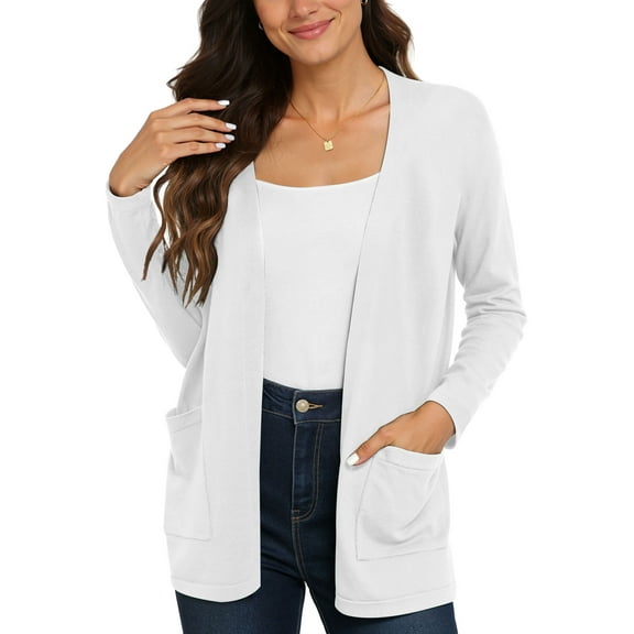 Uvplove Women's Long Sleeve Open Front Knit Cardigan Sweater with Pockets White-L,S-2XL