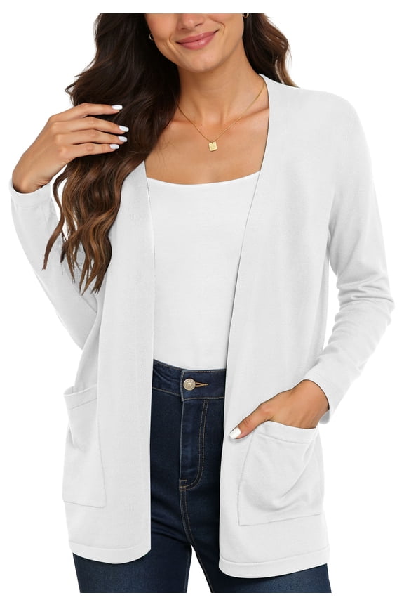 Women's Long Sleeve Open Front Knit Cardigan Sweater with Pockets White-M,S-2XL