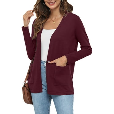 Uvplove Women's Long Sleeve Open Front Knit Cardigan Sweater with Pockets Wind Red-S,S-2XL