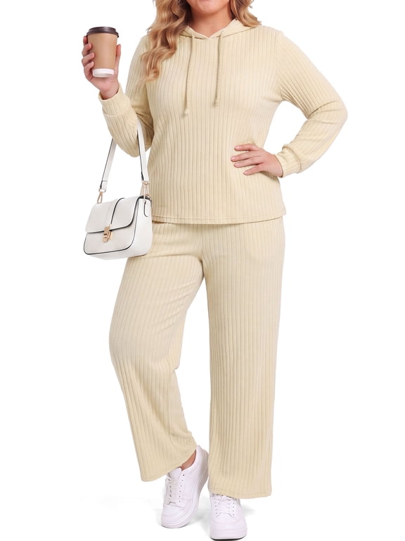 Women's Plus Size 2 Piece Hoodie Outfits - Ribbed Knit Hooded Sweatshirt & Wide Leg Pants Set, Cozy Fall Winter Loungewear,Beige,2XL