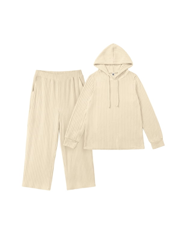 Women's Plus Size 2 Piece Hoodie & Pants Set, Ribbed Knit Fall Winter Loungewear,Beige,2XL