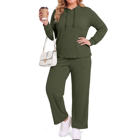 Uvplove Women's Plus Size 2 Piece Hoodie Outfits - Ribbed Knit Hooded Sweatshirt & Wide Leg Pants Set, Cozy Fall Winter Loungewear,Green,3XL