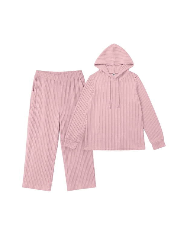 Women's Plus Size 2 Piece Hoodie & Pants Set, Ribbed Knit Fall Winter Loungewear,Pink,XL