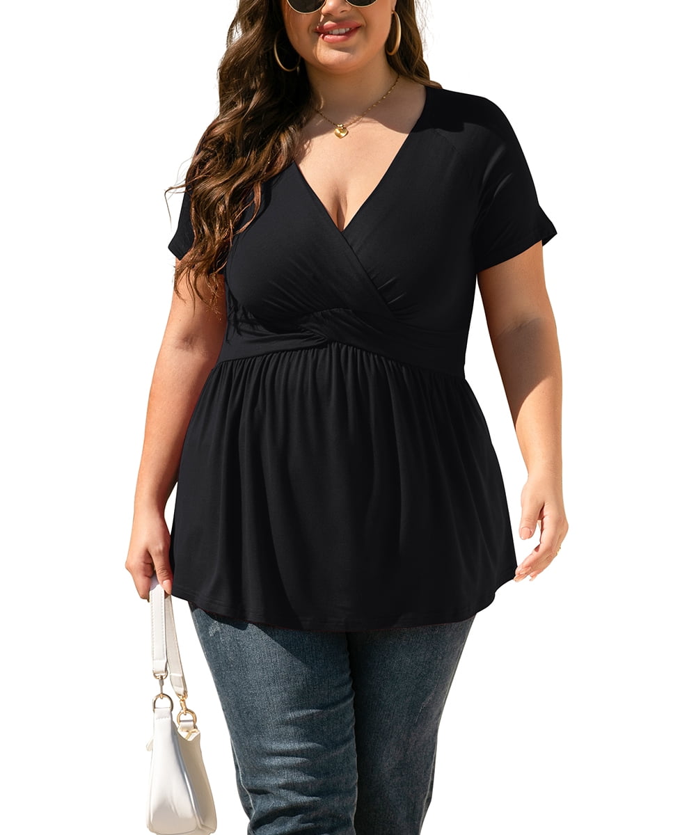 Women's Plus Size V Neck Casual Knit T-shirts Short Sleeve Blouse & Top,Black,2XL