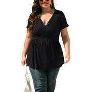 Uvplove Women's Plus Size V Neck Summer Tops Shirt Casual Low Cut Curvy Tee Shirt Dressy Knit Tunic Short Sleeve,Black-2XL