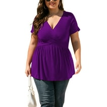 Uvplove Women's Plus Size V Neck Summer Tops Shirt Casual Low Cut Curvy Tee Shirt Dressy Knit Tunic Short Sleeve,Purple-5XL