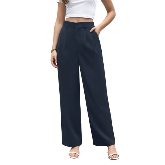 Uvplove Women's Plus Size Work Trousers Loose Wide Leg Business Pants Breathable Suit Pants Navy Blue-3XL