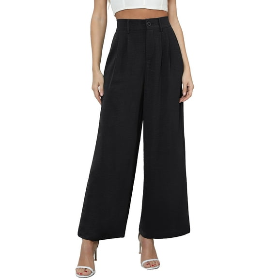 Uvplove Women's Pocket Wide Leg Trousers Lightweight Pants High Waist Button Loose Trouser Work Casual Business Pants,US Size Large in Black