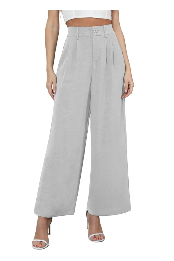Women's Pocket Wide Leg Trousers Lightweight Pants High Waist Button Loose Trouser Work Casual Business Pants,US Size Large in Grey