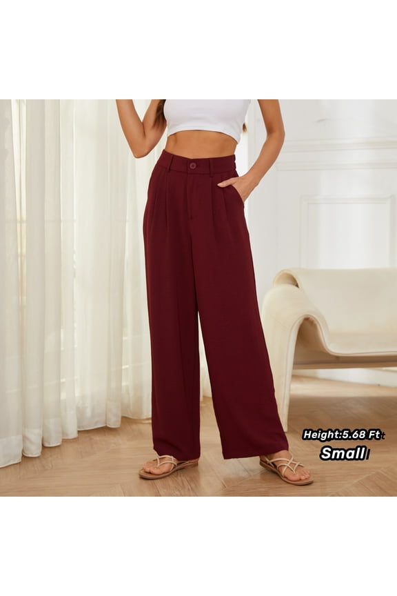 Women's Pocket Wide Leg Trousers Lightweight Pants High Waist Button Loose Trouser Work Casual Business Pants,US Size Large in Wine Red