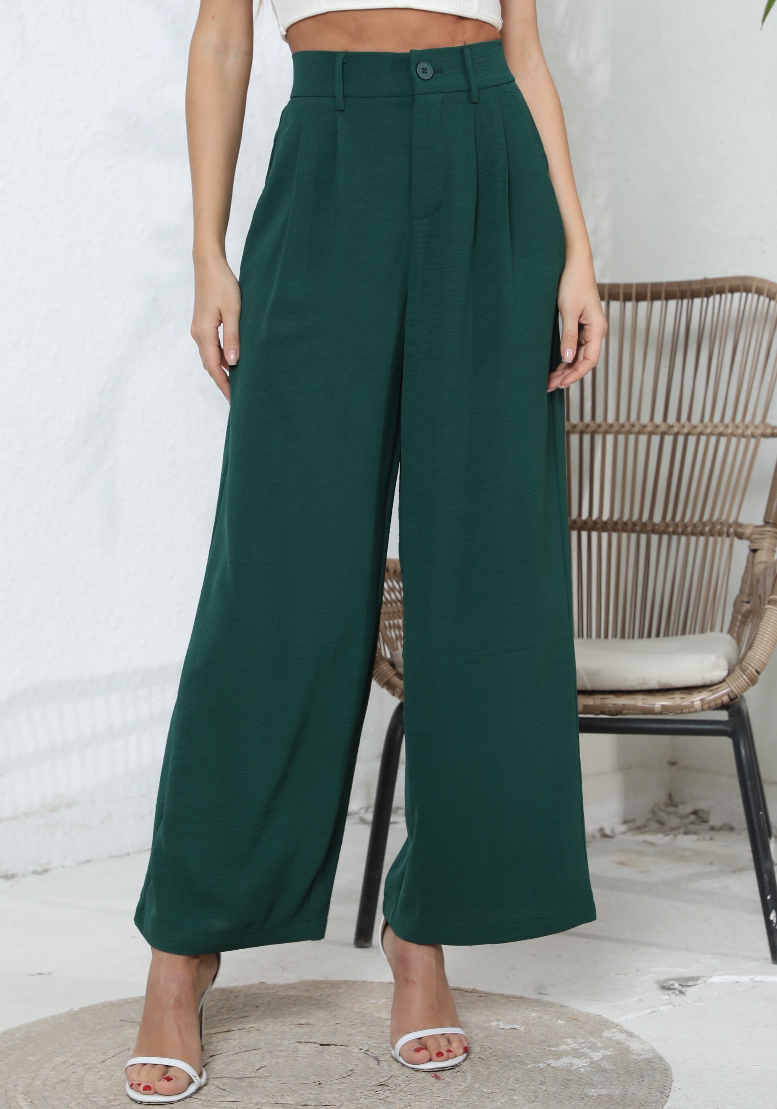Womens Pants Dark Green Wide Leg Trousers Enjoytime Womens Pants Solid  Color High Wasited Straight Leg
