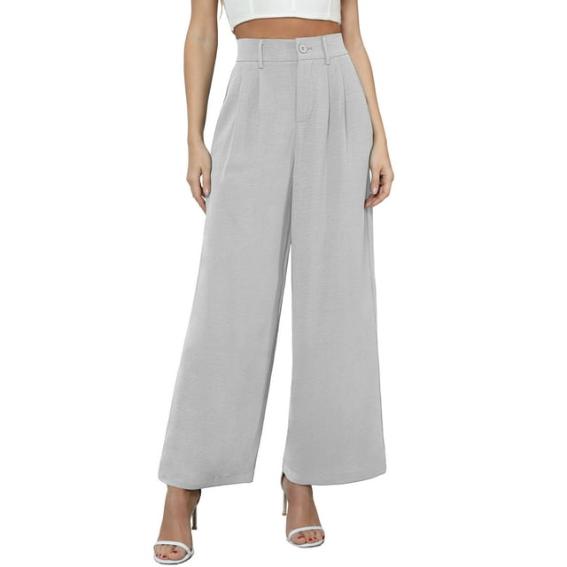 Uvplove Women's Pocket Wide Leg Trousers Lightweight Pants High Waist Button Loose Trouser Work Casual Business Pants,US Size Medium in Grey