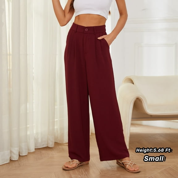 Uvplove Women's Pocket Wide Leg Trousers Lightweight Pants High Waist Button Loose Trouser Work Casual Business Pants,US Size Medium in Wine Red