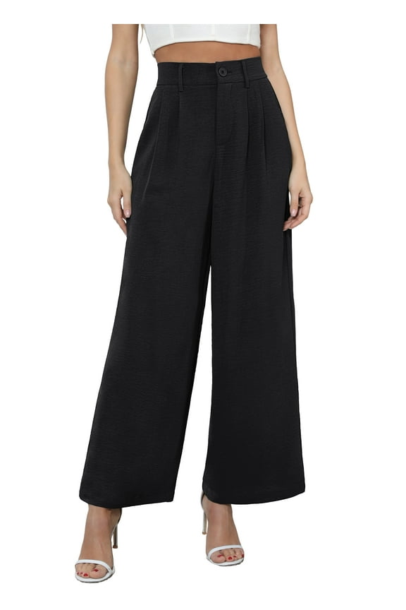 Women's Pocket Wide Leg Trousers Lightweight Pants High Waist Button Loose Trouser Work Casual Business Pants,US Size X-Large in Black