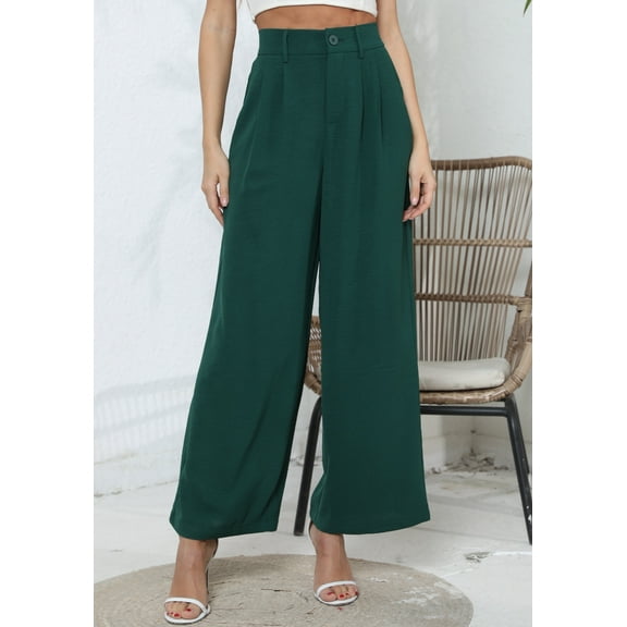 Uvplove Women's Pocket Wide Leg Trousers Lightweight Pants High Waist Button Loose Trouser Work Casual Business Pants,US Size XX-Large in Dark Green