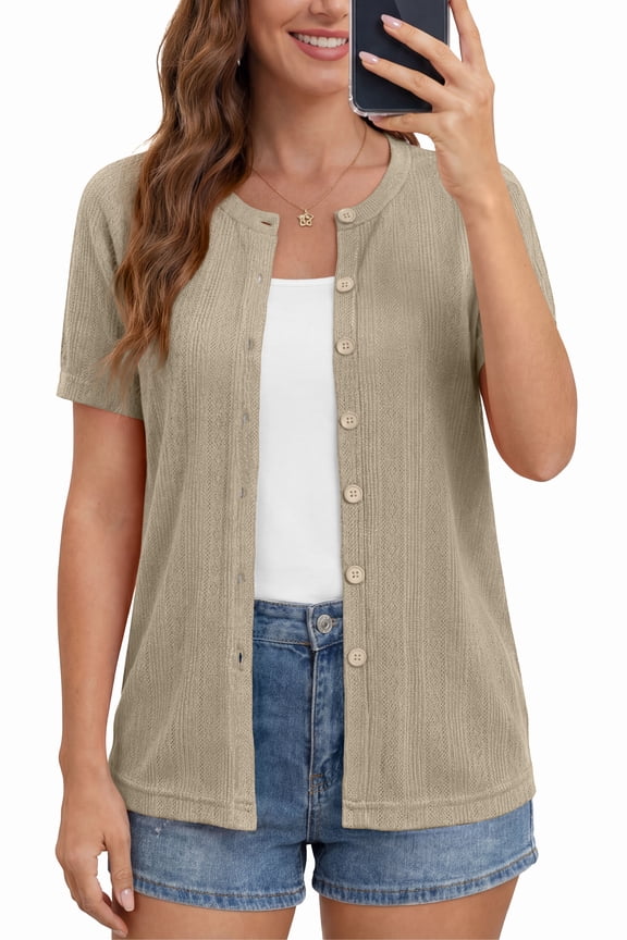 Women's Short Sleeve Cardigan Lightweight Shrug Crew-Neck Summer Tops,Apricot,2XL