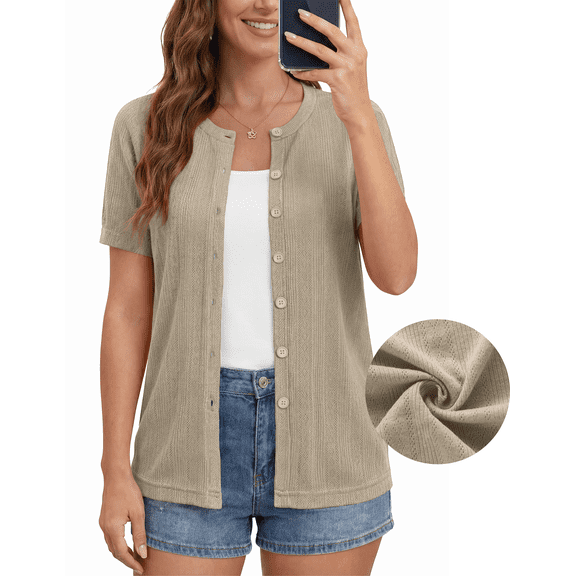 Uvplove Women's Short Sleeve Cardigan Lightweight Shrug Crew-Neck Summer Tops,Apricot,L