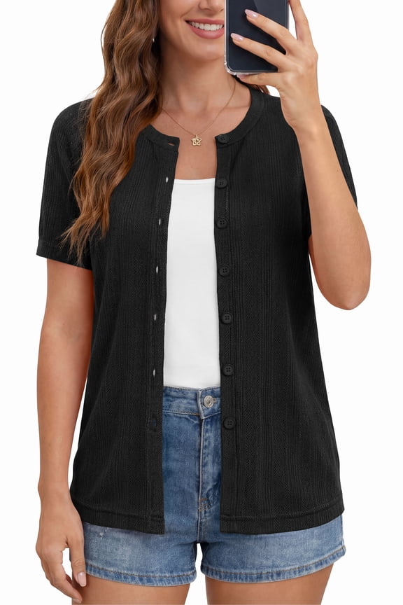 Women's Short Sleeve Cardigan Lightweight Shrug Crew-Neck Summer Tops,Black,2XL