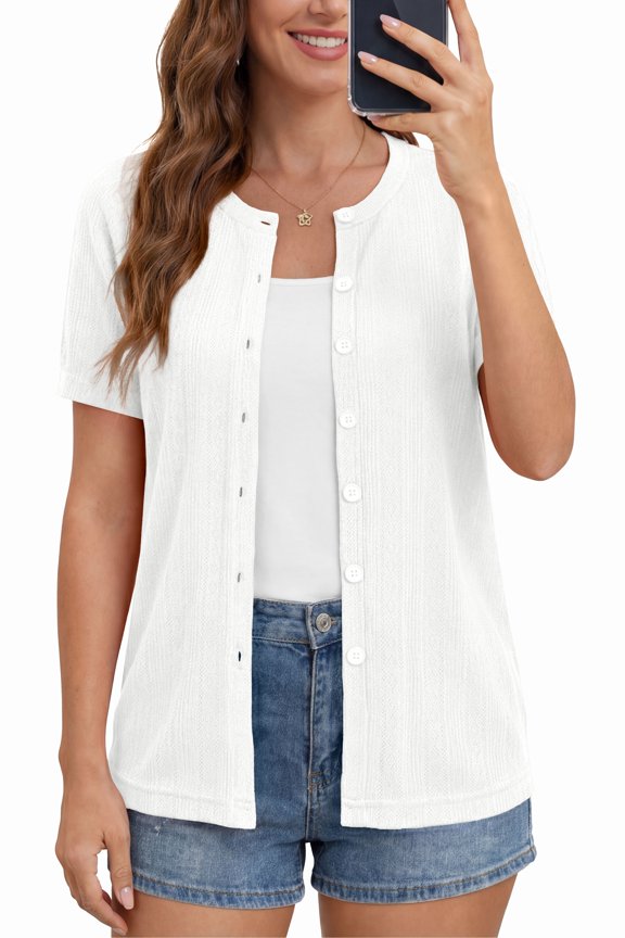 Women's Short Sleeve Cardigan Lightweight Shrug Crew-Neck Summer Tops,White,2XL