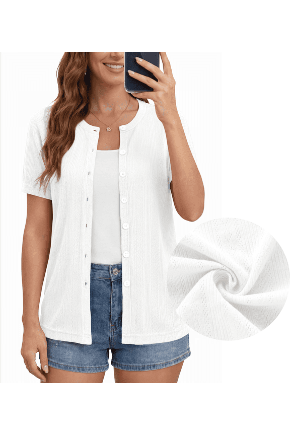 Women's Short Sleeve Cardigan Lightweight Shrug Crew-Neck Summer Tops,White,2XL