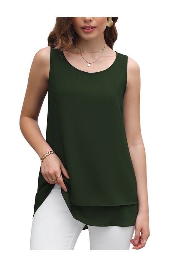 Women's Sleeveless Chiffon Tank Top Double Layers Casual Blouse Tunic,Amy Green,S