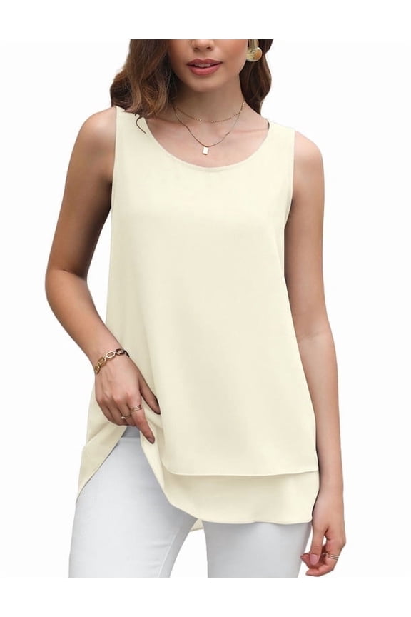 Women's Sleeveless Chiffon Tank Top Double Layers Casual Blouse Tunic,Beige White,3XL