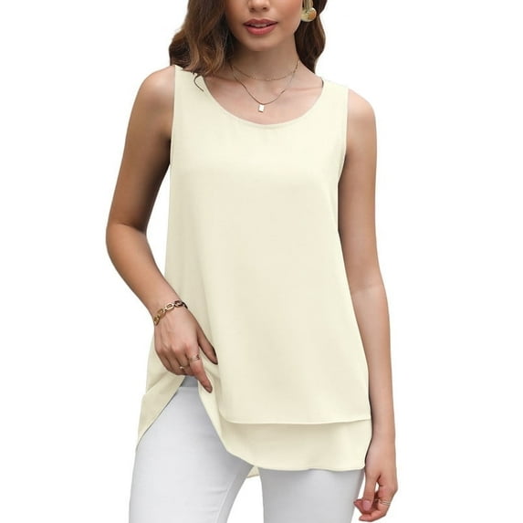 Uvplove Women's Sleeveless Chiffon Tank Top Double Layers Casual Blouse Tunic,Beige White,S