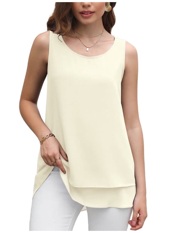 Women's Sleeveless Chiffon Tank Top Double Layers Casual Blouse Tunic,Beige White,XL