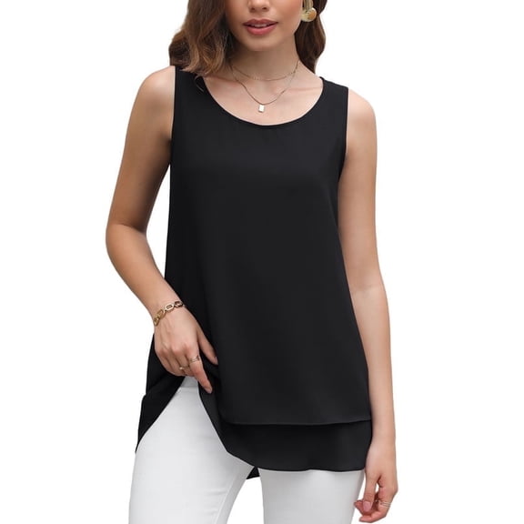 Uvplove Women's Sleeveless Chiffon Tank Top Double Layers Casual Blouse Tunic,Black,2XL