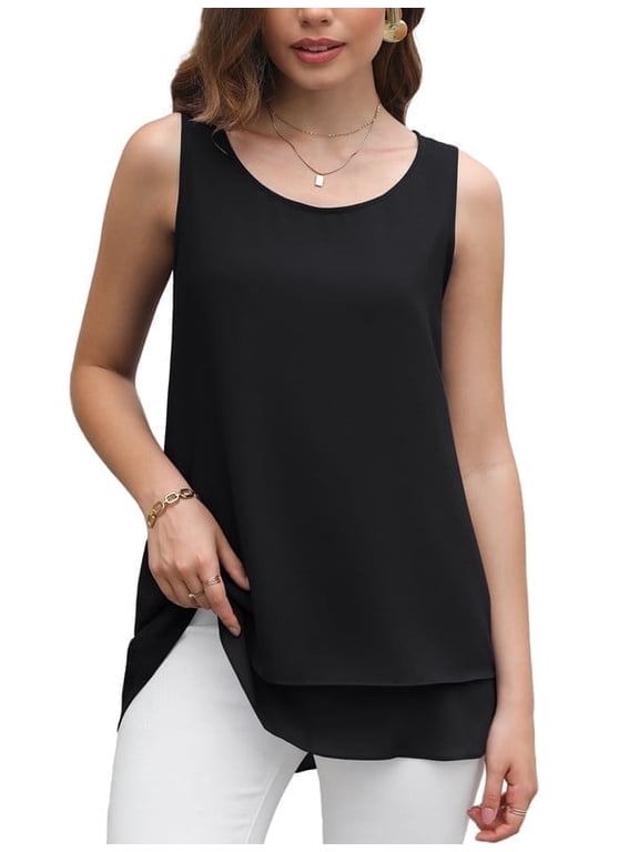 Women's Sleeveless Chiffon Tank Top Double Layers Casual Blouse Tunic,Black,2XL