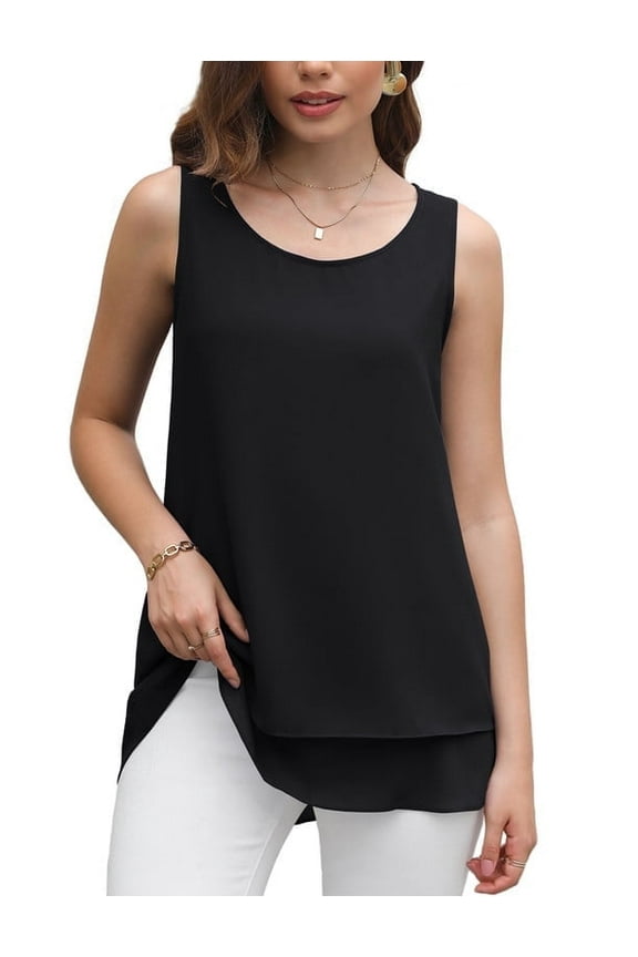 Women's Sleeveless Chiffon Tank Top Double Layers Casual Blouse Tunic,Black,3XL