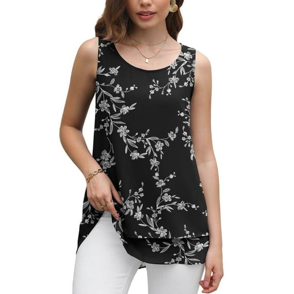 Uvplove Women's Sleeveless Chiffon Tank Top Double Layers Casual Blouse Tunic,Black Leaves,2XL