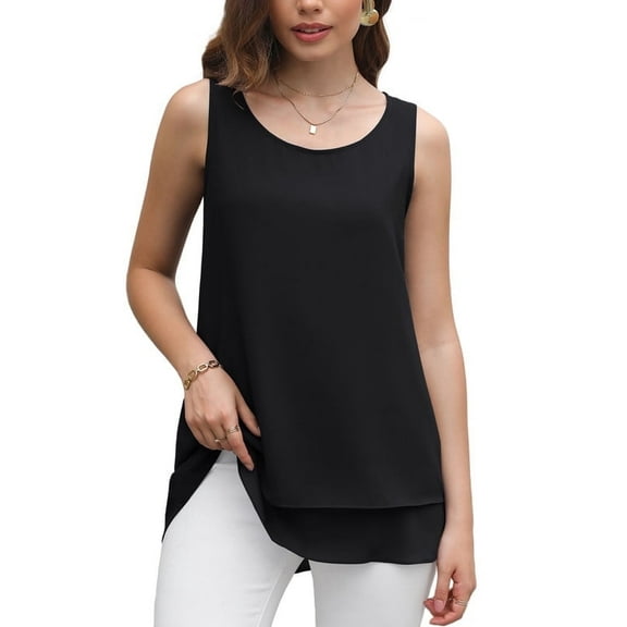 Uvplove Women's Sleeveless Chiffon Tank Top Double Layers Casual Blouse Tunic,Black,S
