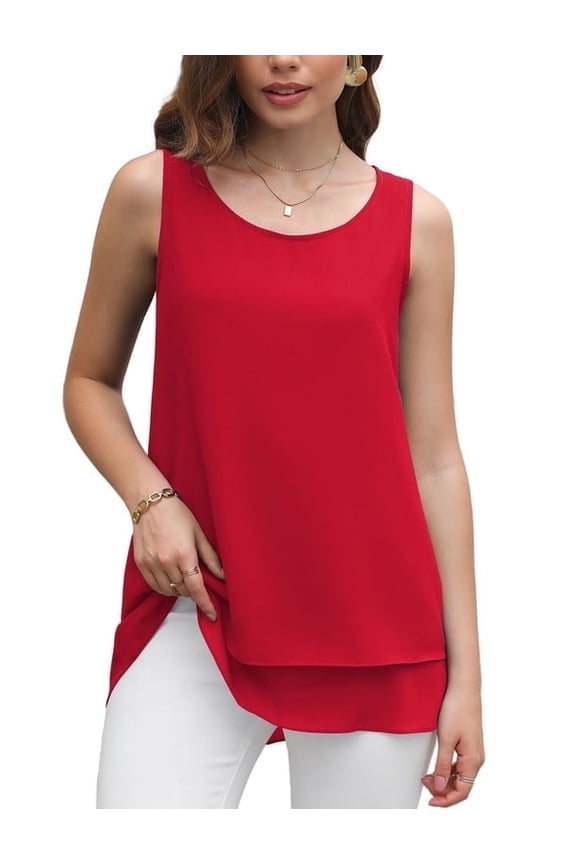 Women's Sleeveless Chiffon Tank Top Double Layers Casual Blouse Tunic,D Red,M