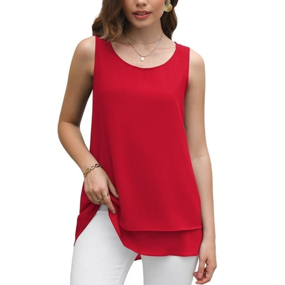 Uvplove Women's Sleeveless Chiffon Tank Top Double Layers Casual Blouse Tunic,D Red,S