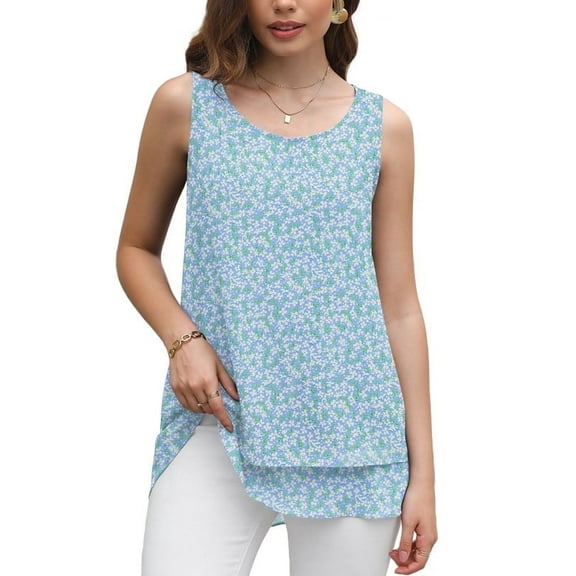 Uvplove Women's Sleeveless Chiffon Tank Top Double Layers Casual Blouse Tunic,Flower Light Blue,3XL