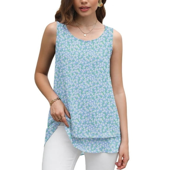 Uvplove Women's Sleeveless Chiffon Tank Top Double Layers Casual Blouse Tunic,Flower Light Blue,M