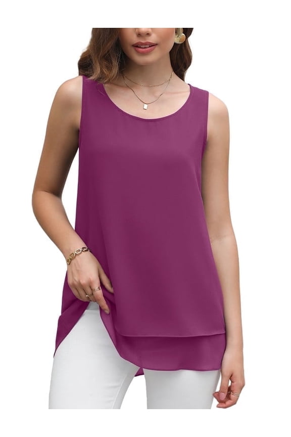 Women's Sleeveless Chiffon Tank Top Double Layers Casual Blouse Tunic,M Red,2XL