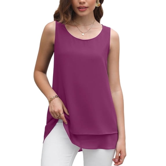 Uvplove Women's Sleeveless Chiffon Tank Top Double Layers Casual Blouse Tunic,M Red,L