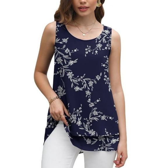 Uvplove Women's Sleeveless Chiffon Tank Top Double Layers Casual Blouse Tunic,Navy Blue Leaves,2XL