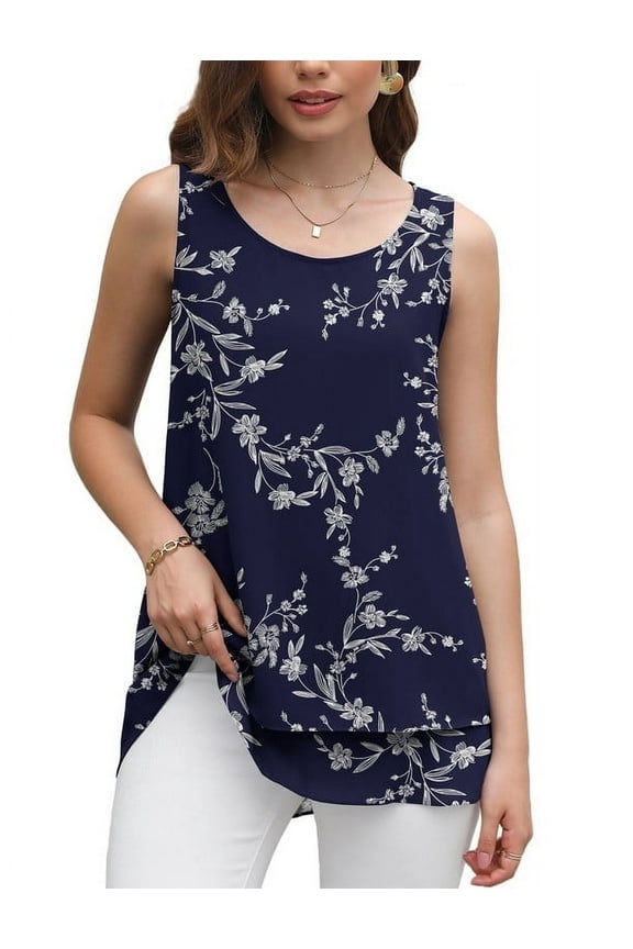 Women's Sleeveless Chiffon Tank Top Double Layers Casual Blouse Tunic,Navy Blue Leaves,2XL