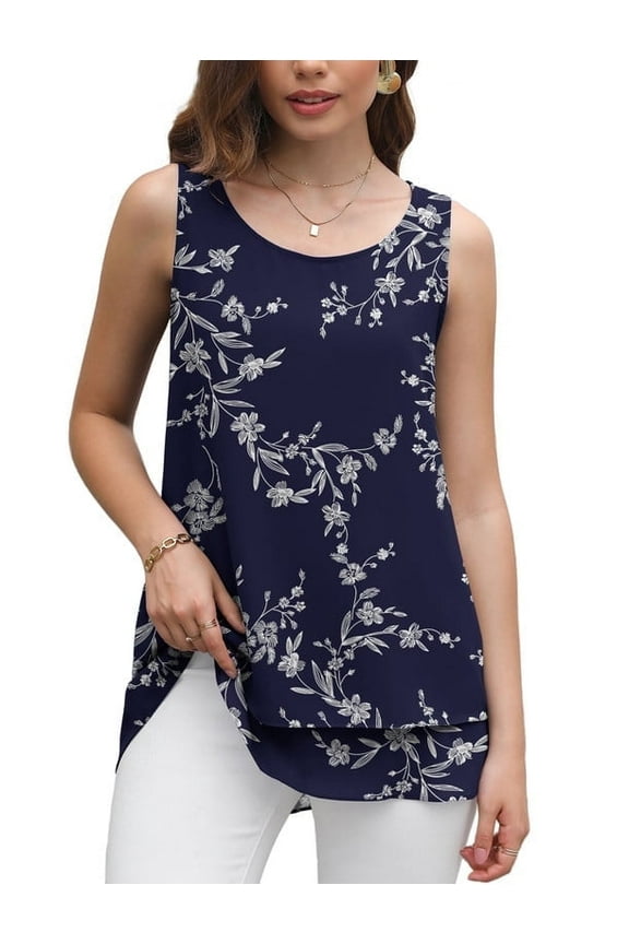 Women's Sleeveless Chiffon Tank Top Double Layers Casual Blouse Tunic,Navy Blue Leaves,L