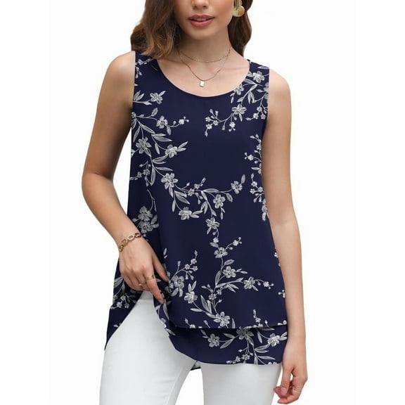 Uvplove Women's Sleeveless Chiffon Tank Top Double Layers Casual Blouse Tunic,Navy Blue Leaves,M