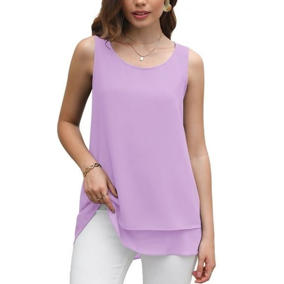 Uvplove Women's Sleeveless Chiffon Tank Top Double Layers Casual Blouse Tunic,Pink,M