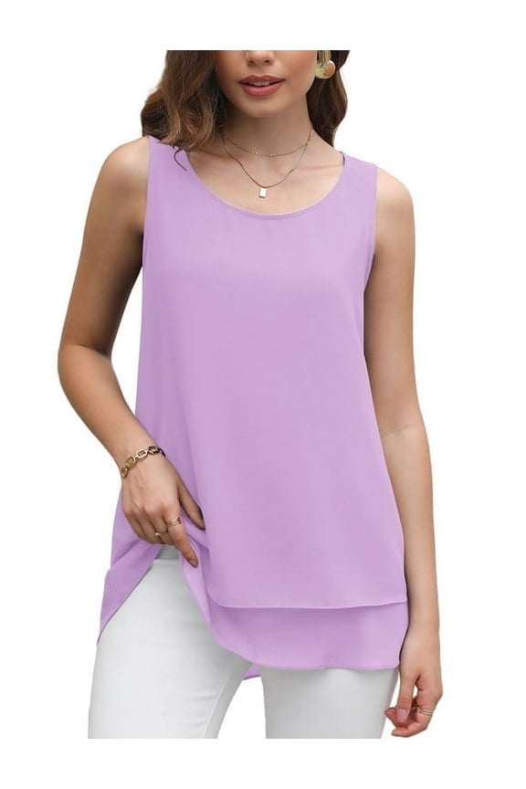 Women's Sleeveless Chiffon Tank Top Double Layers Casual Blouse Tunic,Pink,M