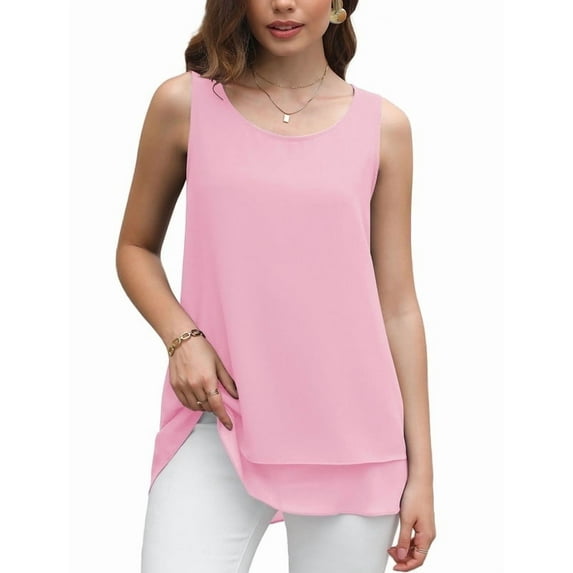 Uvplove Women's Sleeveless Chiffon Tank Top Double Layers Casual Blouse Tunic,Pink,S
