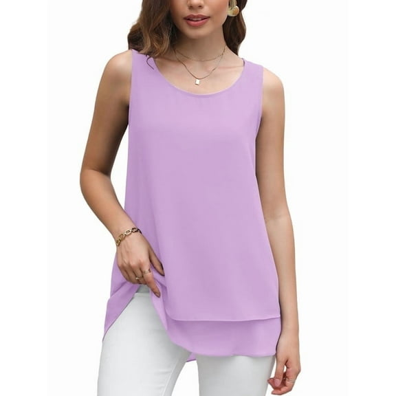Uvplove Women's Sleeveless Chiffon Tank Top Double Layers Casual Blouse Tunic,Pink,XL