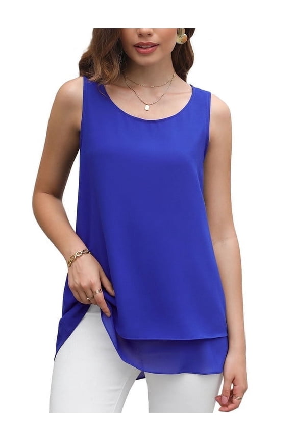 Women's Sleeveless Chiffon Tank Top Double Layers Casual Blouse Tunic,Royal Blue,2XL